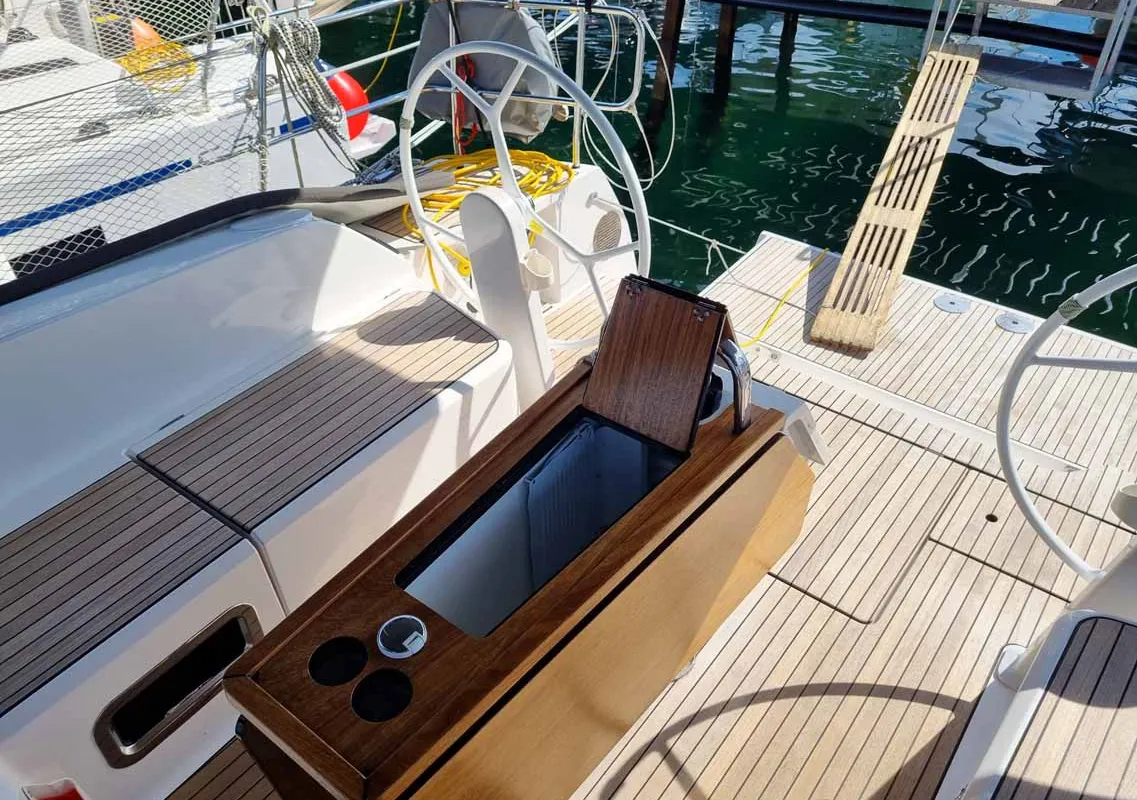 Deck of Romi, a Bavaria Cruiser 46 sailboat at Punat, Croatia