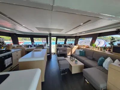 Salon of LA PERLE, a Fountaine Pajot Samana 59 catamaran at Parham Town, British Virgin Islands