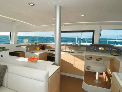 Cockpit of DOUBLE SIX, a Bali 4.1 catamaran at Kalkara, Malta