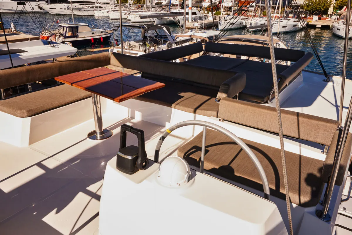 Cockpit of Senior, a Bali 4.6 catamaran at Marmaris, Turkey