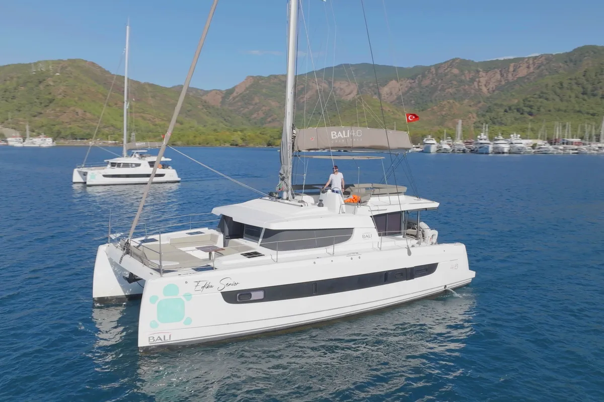 Exterior view of Senior, a Bali 4.6 catamaran at Marmaris, Turkey