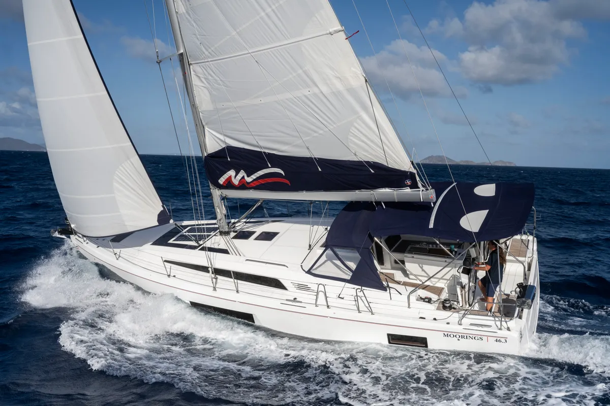 Exterior view of Moorings 46.3 Club, a Beneteau Oceanis 46.1 sailboat at Road Town, British Virgin Islands