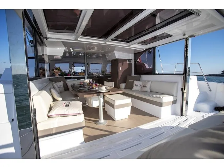 Deck of Navegame, a Bali Catspace catamaran at San Miguel de Abona, Spain