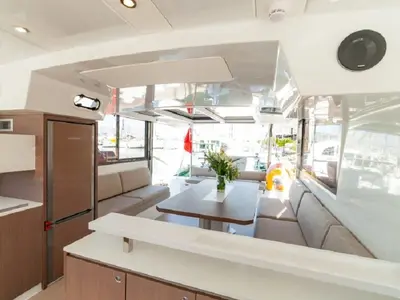 Salon of Navegame, a Bali Catspace catamaran at San Miguel de Abona, Spain