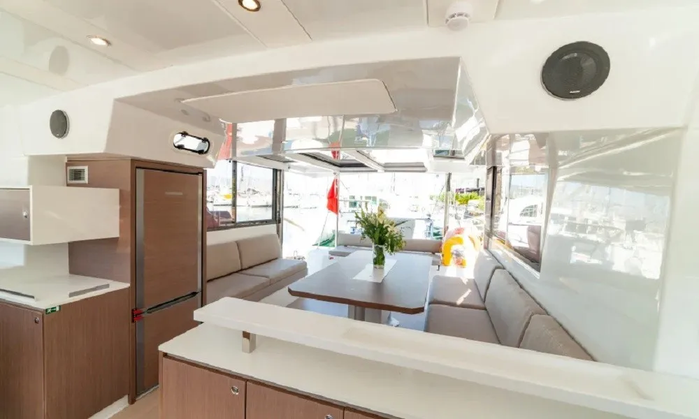 Salon of Navegame, a Bali Catspace catamaran at San Miguel de Abona, Spain