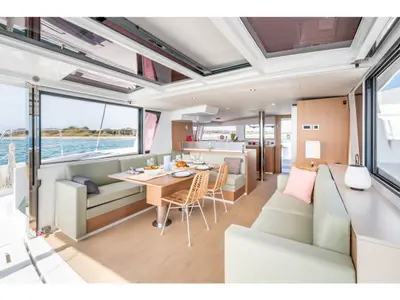 Salon of EROS, a Bali 4.6 catamaran at Olbia, Italy
