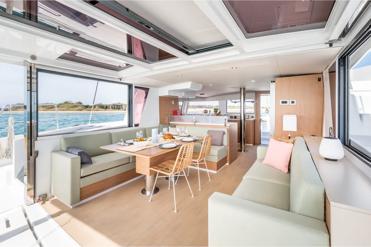 Salon of EROS, a Bali 4.6 catamaran at Olbia, Italy