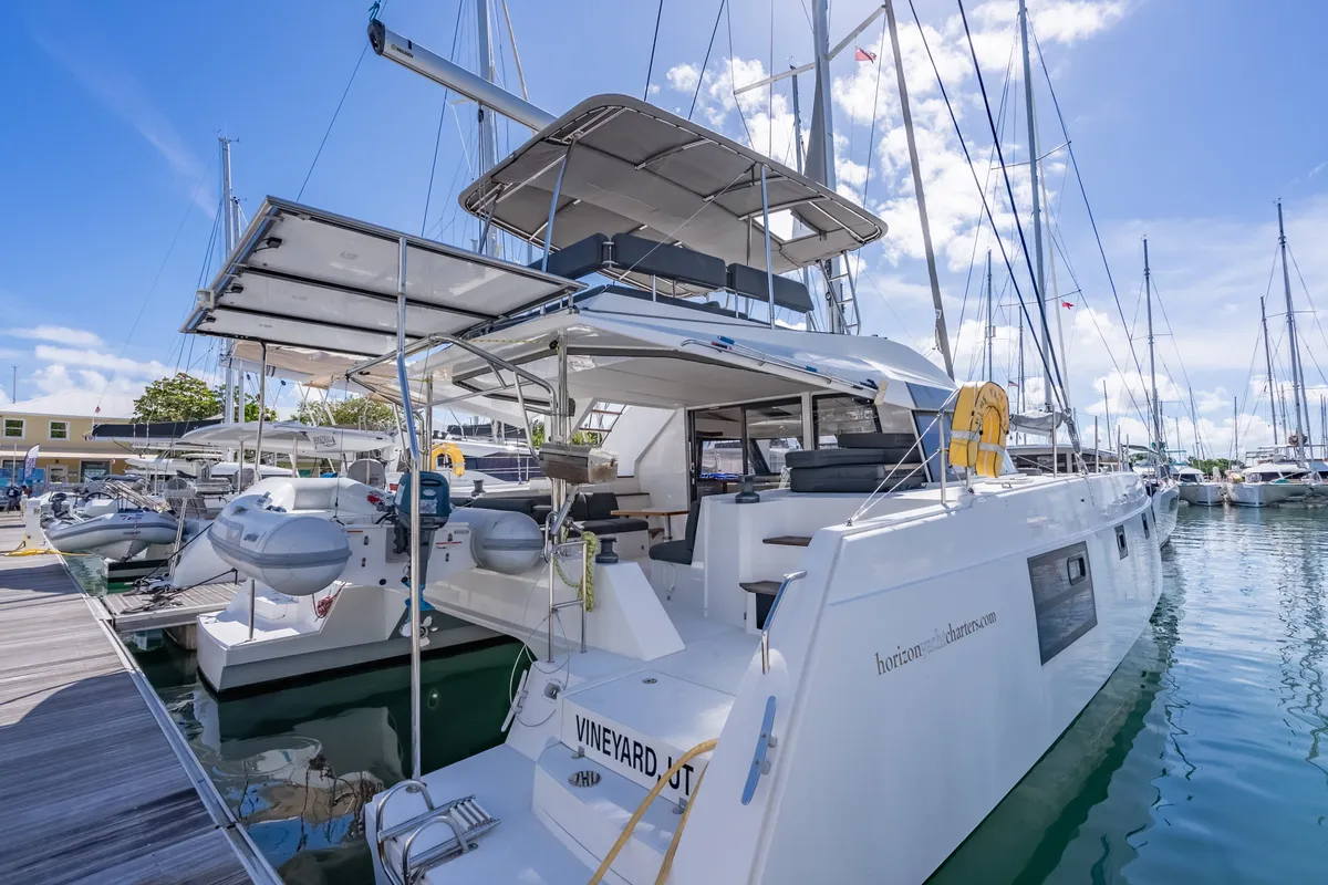 Exterior view of Seas’d Up, a Nautitech 46 Fly catamaran at Road Town, British Virgin Islands