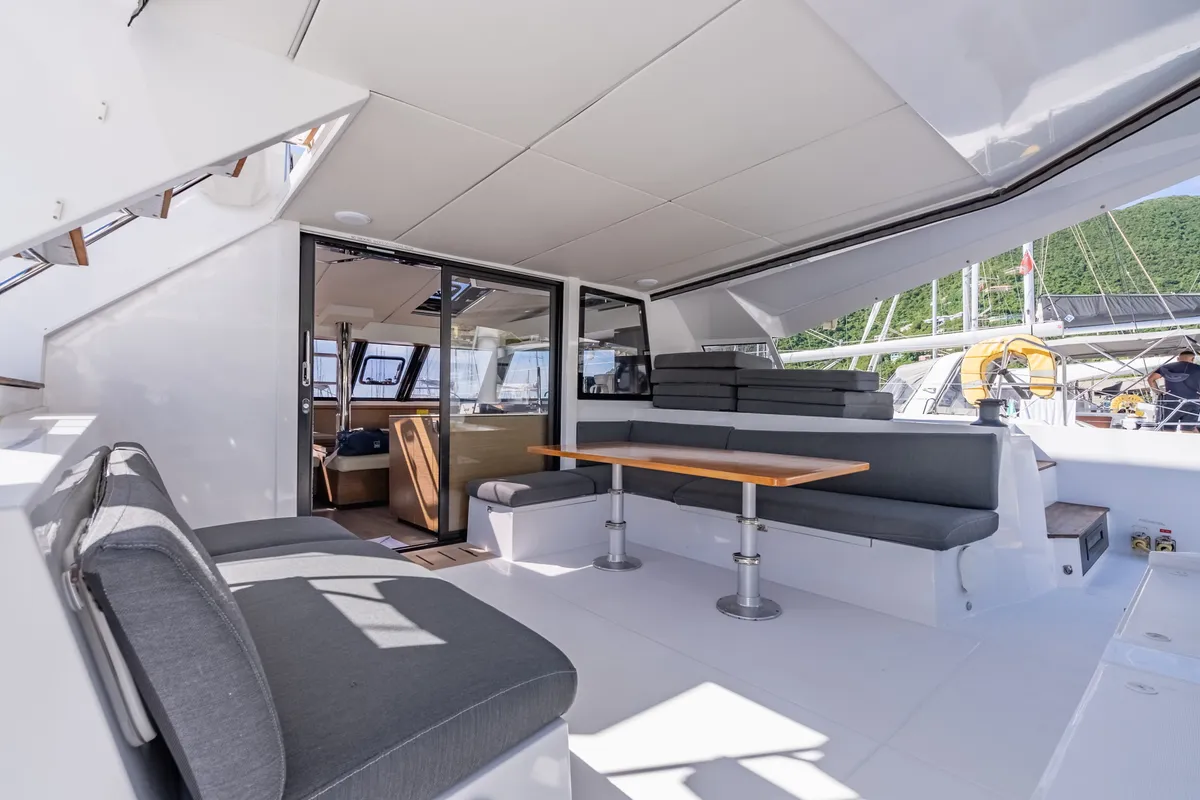 Deck of Seas’d Up, a Nautitech 46 Fly catamaran at Road Town, British Virgin Islands