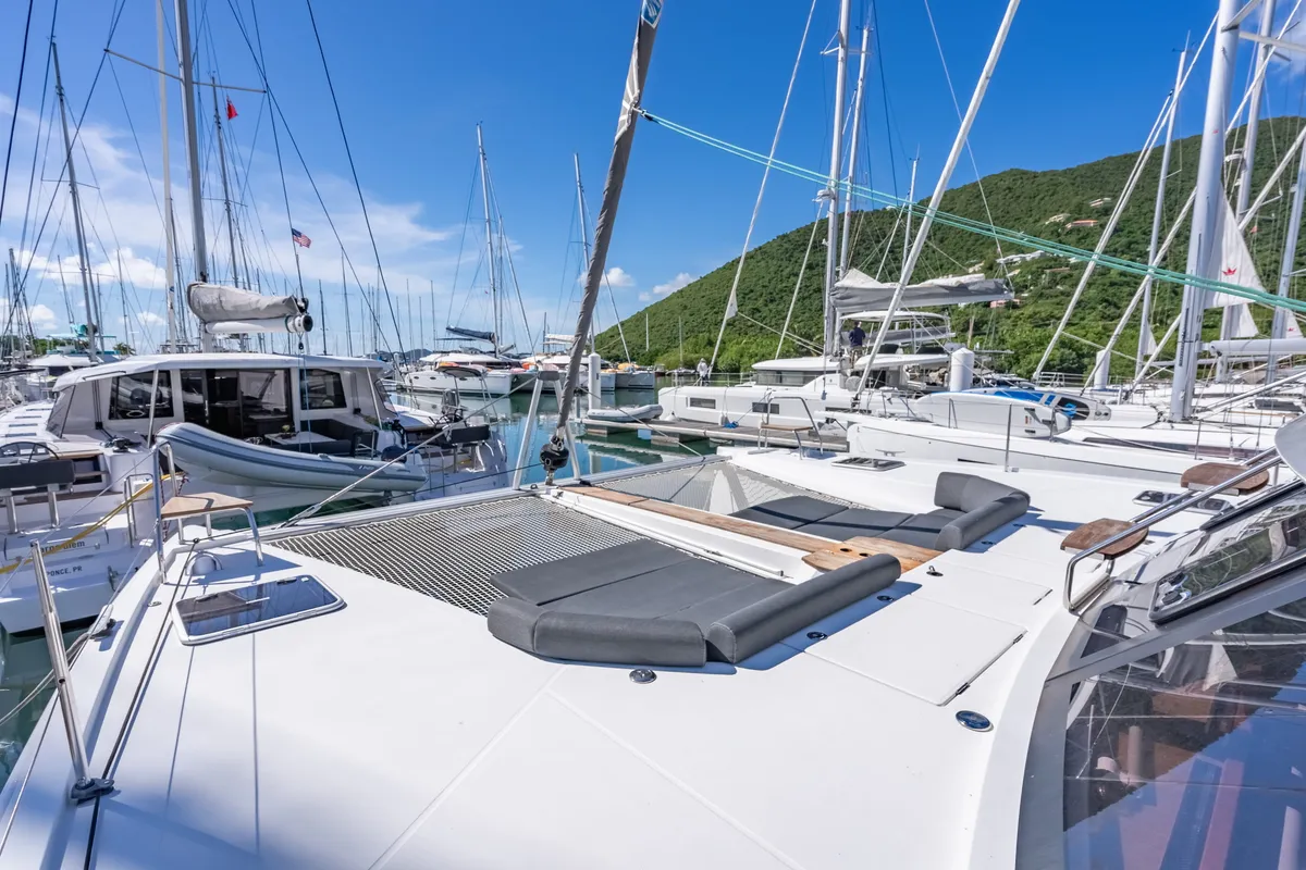 Deck of Seas’d Up, a Nautitech 46 Fly catamaran at Road Town, British Virgin Islands