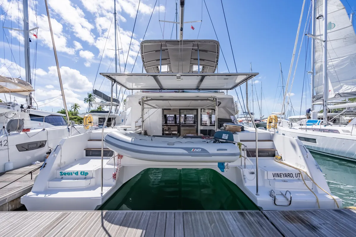Exterior view of Seas’d Up, a Nautitech 46 Fly catamaran at Road Town, British Virgin Islands
