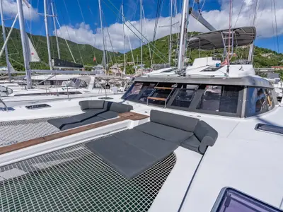 Deck of Seas’d Up, a Nautitech 46 Fly catamaran at Road Town, British Virgin Islands