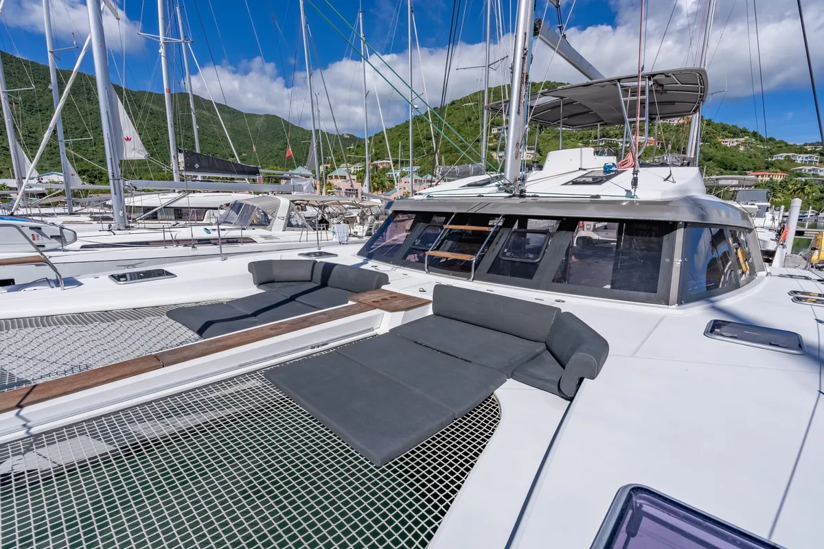 Deck of Seas’d Up, a Nautitech 46 Fly catamaran at Road Town, British Virgin Islands