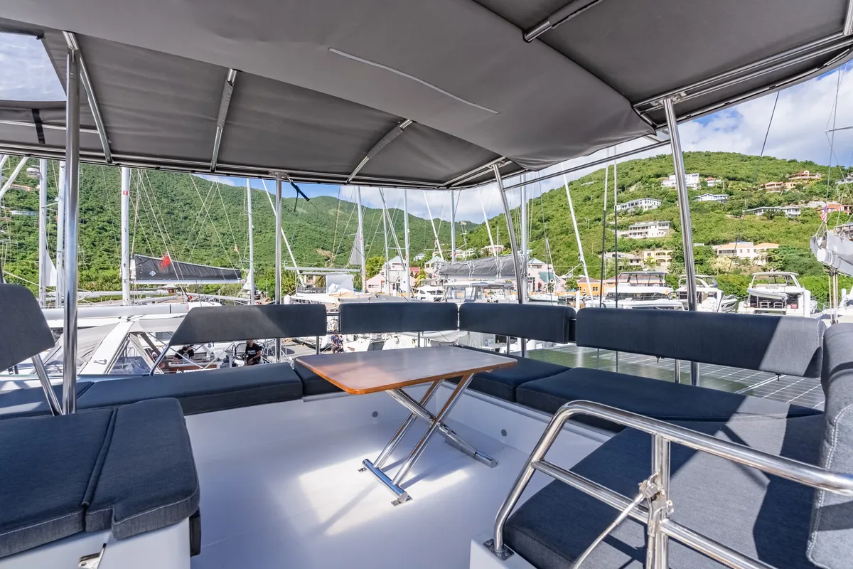 Deck of Seas’d Up, a Nautitech 46 Fly catamaran at Road Town, British Virgin Islands