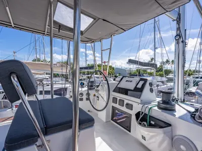 Cockpit of Seas’d Up, a Nautitech 46 Fly catamaran at Road Town, British Virgin Islands