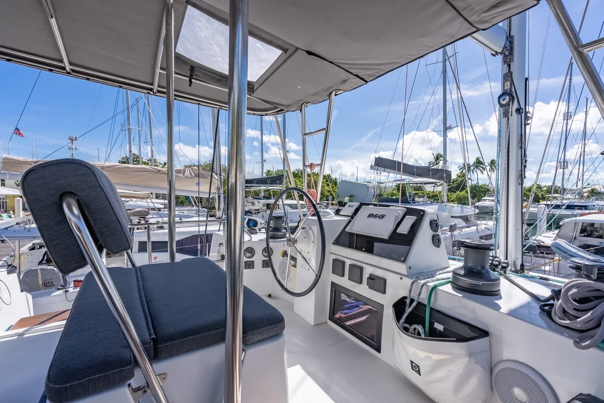 Cockpit of Seas’d Up, a Nautitech 46 Fly catamaran at Road Town, British Virgin Islands