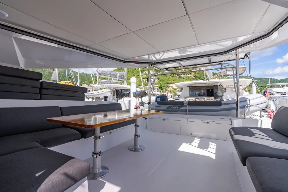 Deck of Seas’d Up, a Nautitech 46 Fly catamaran at Road Town, British Virgin Islands