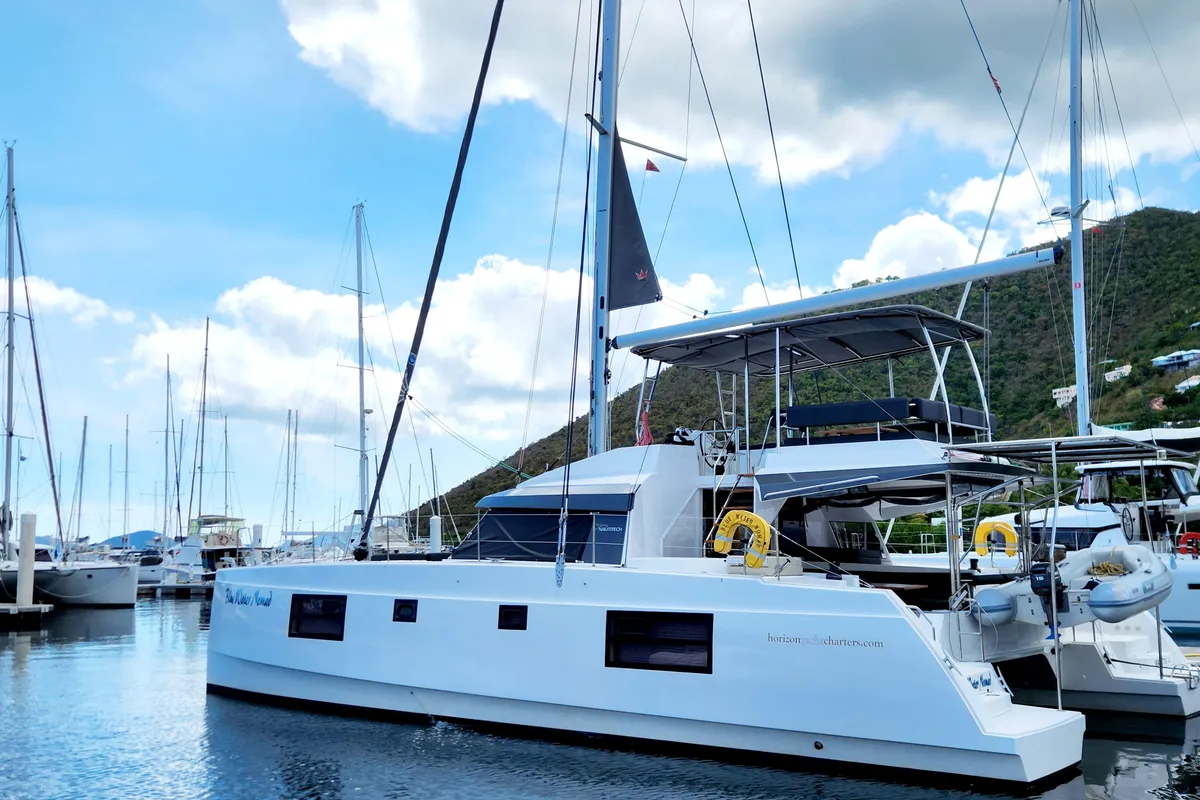 Exterior view of Seas’d Up, a Nautitech 46 Fly catamaran at Road Town, British Virgin Islands