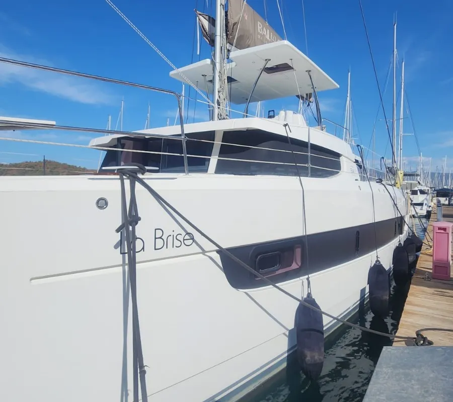 Exterior view of La Brise, a Bali 4.6 catamaran at Fethiye, Turkey