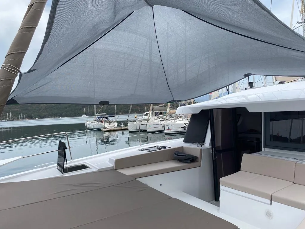 Deck of La Brise, a Bali 4.6 catamaran at Fethiye, Turkey