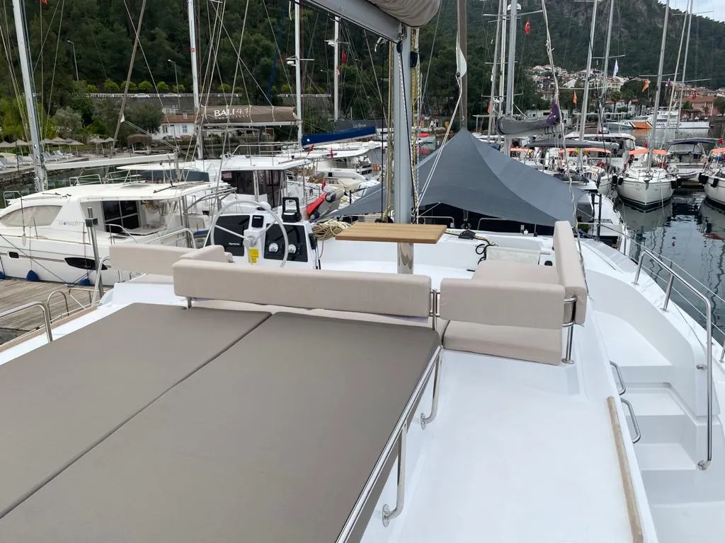 Deck of La Brise, a Bali 4.6 catamaran at Fethiye, Turkey