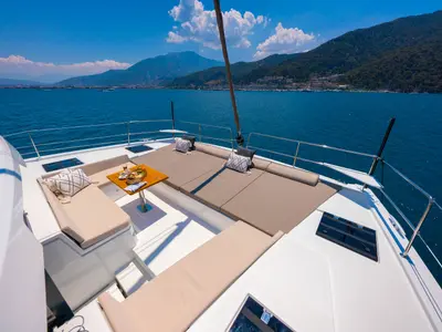 Deck of La Brise, a Bali 4.6 catamaran at Fethiye, Turkey