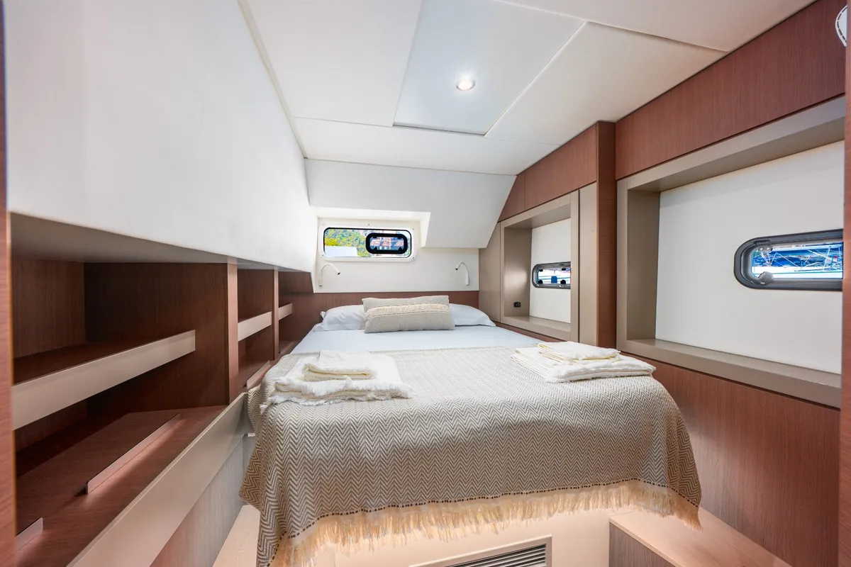 Cabin on La Brise, a Bali 4.6 catamaran at Fethiye, Turkey