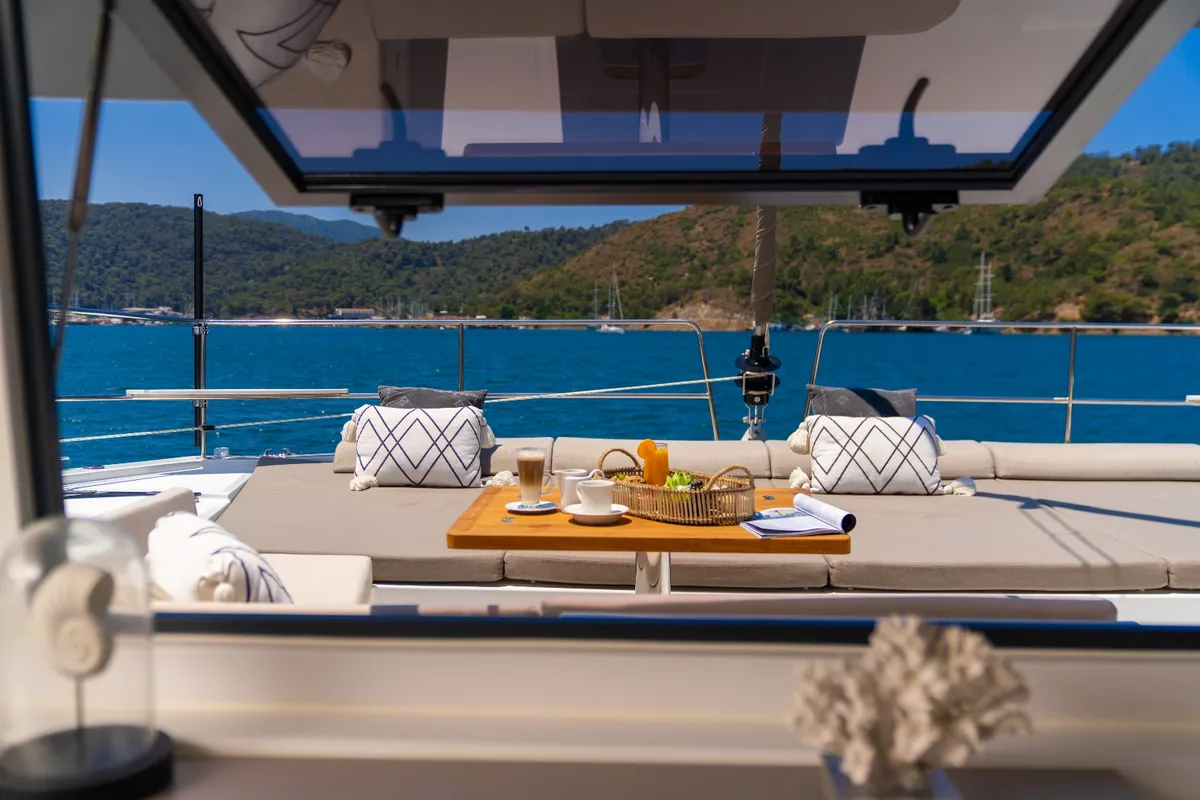Deck of La Brise, a Bali 4.6 catamaran at Fethiye, Turkey