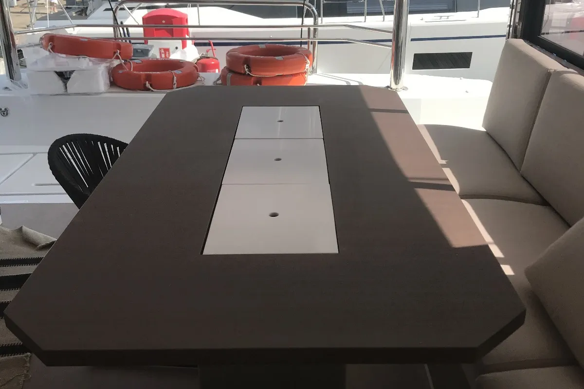 Deck of La Brise, a Bali 4.6 catamaran at Fethiye, Turkey