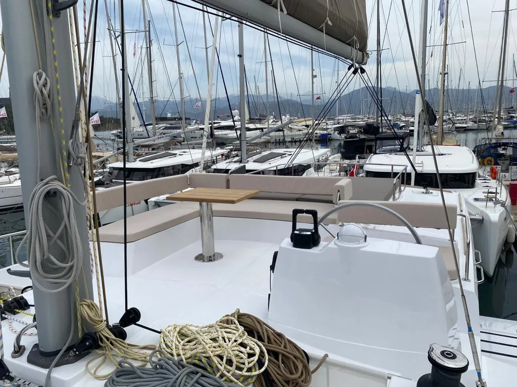 Cockpit of La Brise, a Bali 4.6 catamaran at Fethiye, Turkey