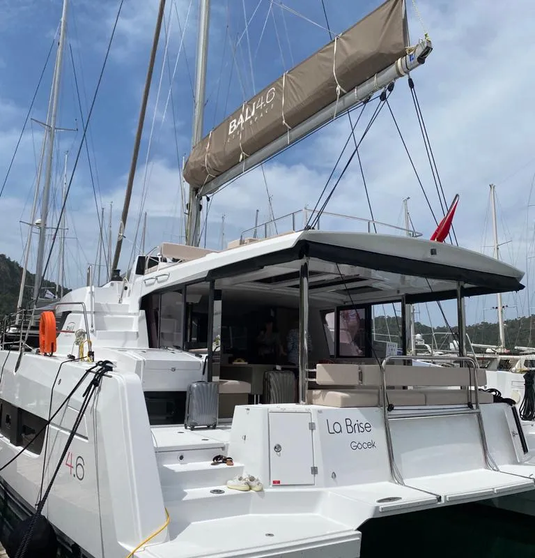 Exterior view of La Brise, a Bali 4.6 catamaran at Fethiye, Turkey