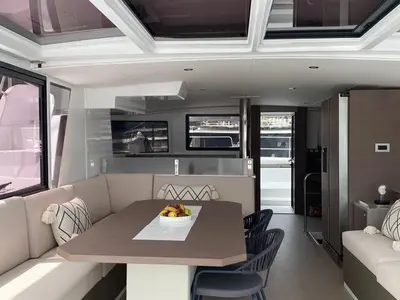 Salon of La Brise, a Bali 4.6 catamaran at Fethiye, Turkey