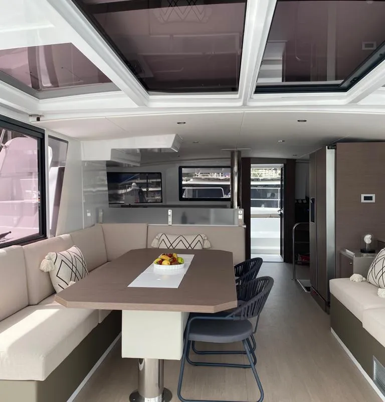 Salon of La Brise, a Bali 4.6 catamaran at Fethiye, Turkey