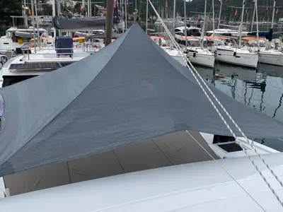 Deck of La Brise, a Bali 4.6 catamaran at Fethiye, Turkey