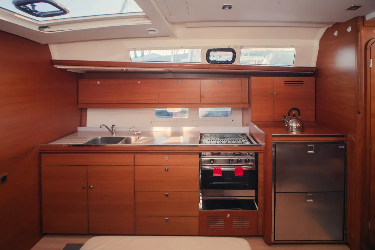 Galley of Sonia, a Dufour 460 Grand Large sailboat at Olbia, Italy