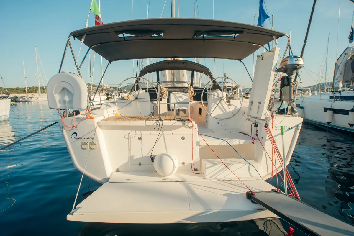 Exterior view of Sonia, a Dufour 460 Grand Large sailboat at Olbia, Italy