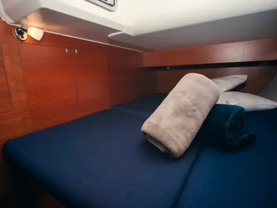 Cabin on Sonia, a Dufour 460 Grand Large sailboat at Olbia, Italy