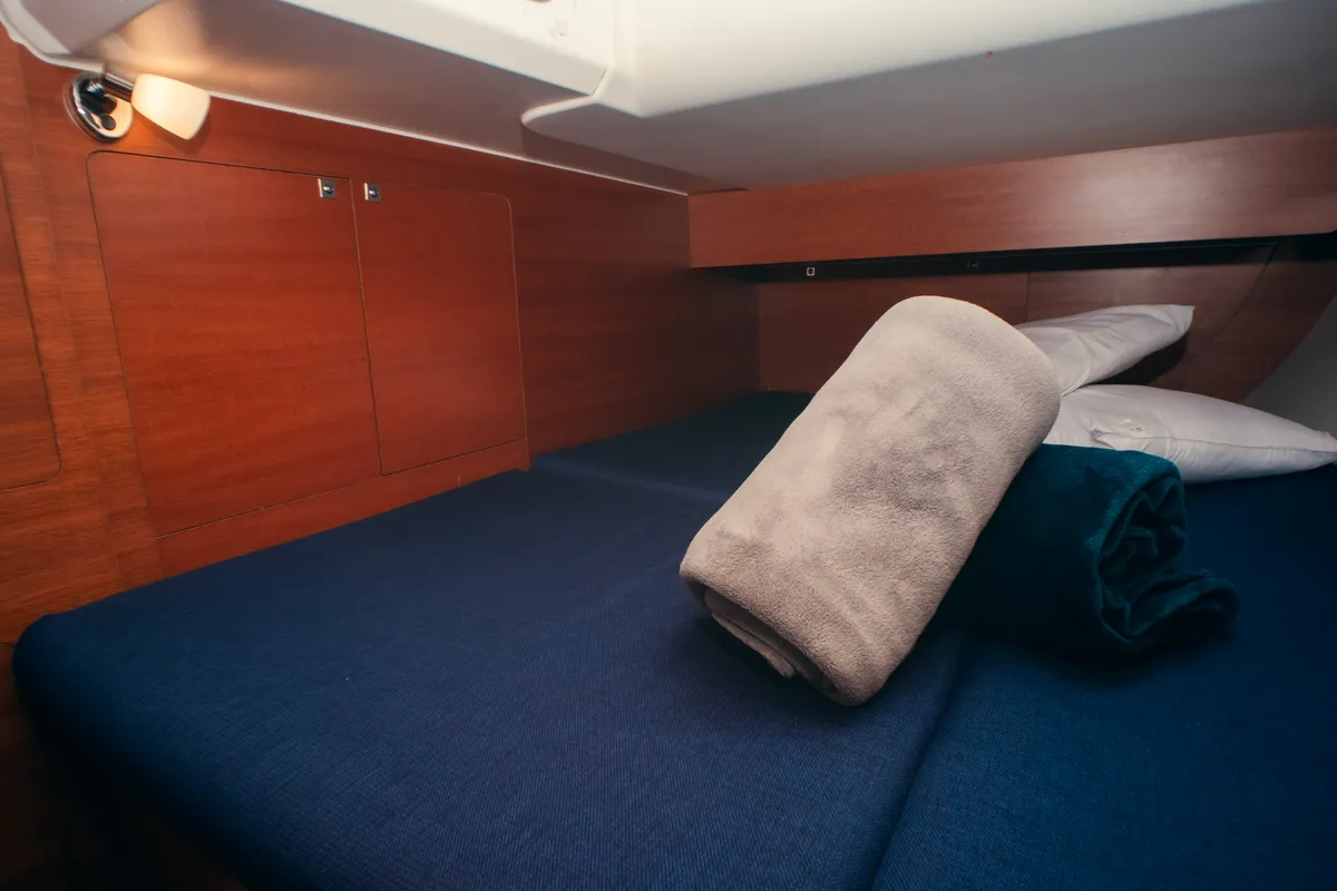 Cabin on Sonia, a Dufour 460 Grand Large sailboat at Olbia, Italy