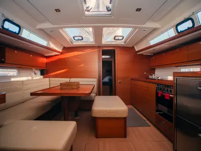 Salon of Sonia, a Dufour 460 Grand Large sailboat at Olbia, Italy