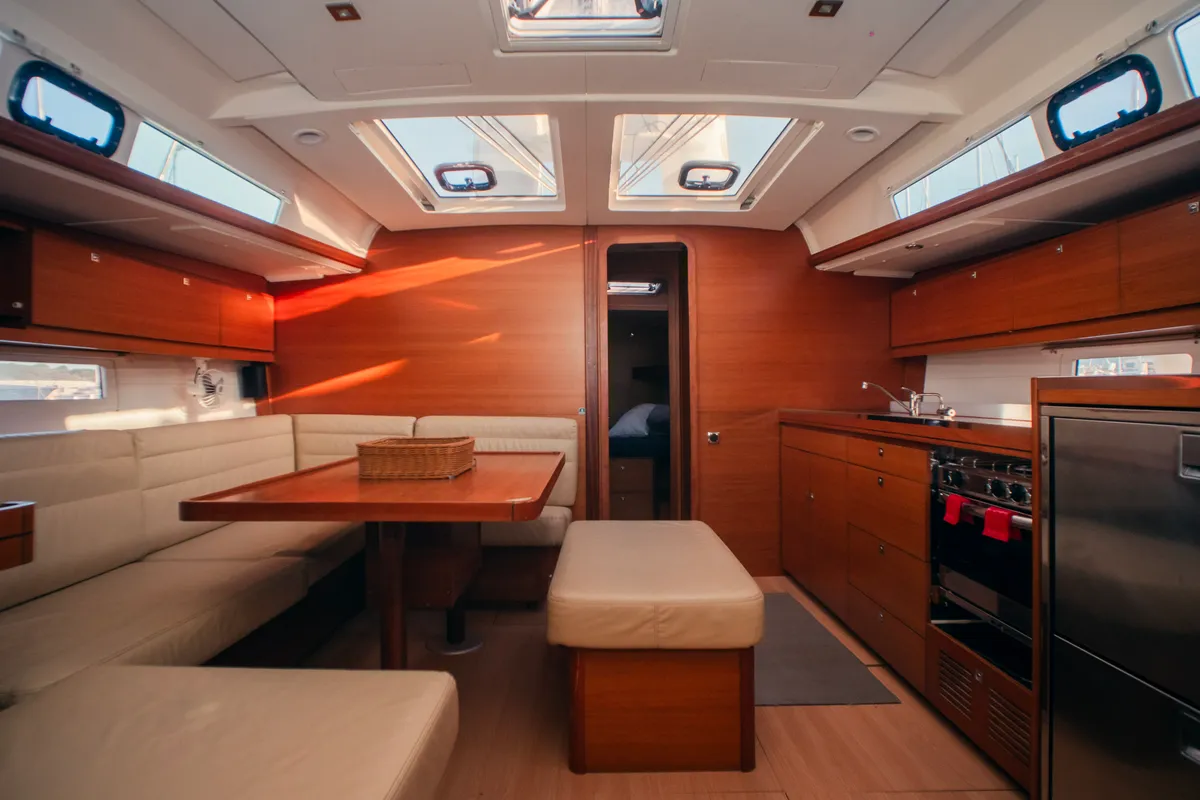 Salon of Sonia, a Dufour 460 Grand Large sailboat at Olbia, Italy