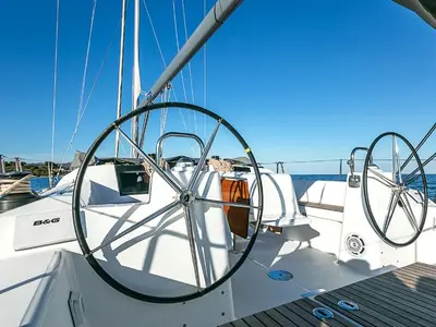 Cockpit of Sonia, a Dufour 460 Grand Large sailboat at Olbia, Italy
