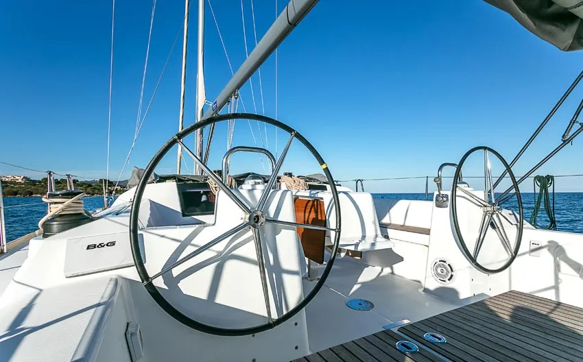 Cockpit of Sonia, a Dufour 460 Grand Large sailboat at Olbia, Italy