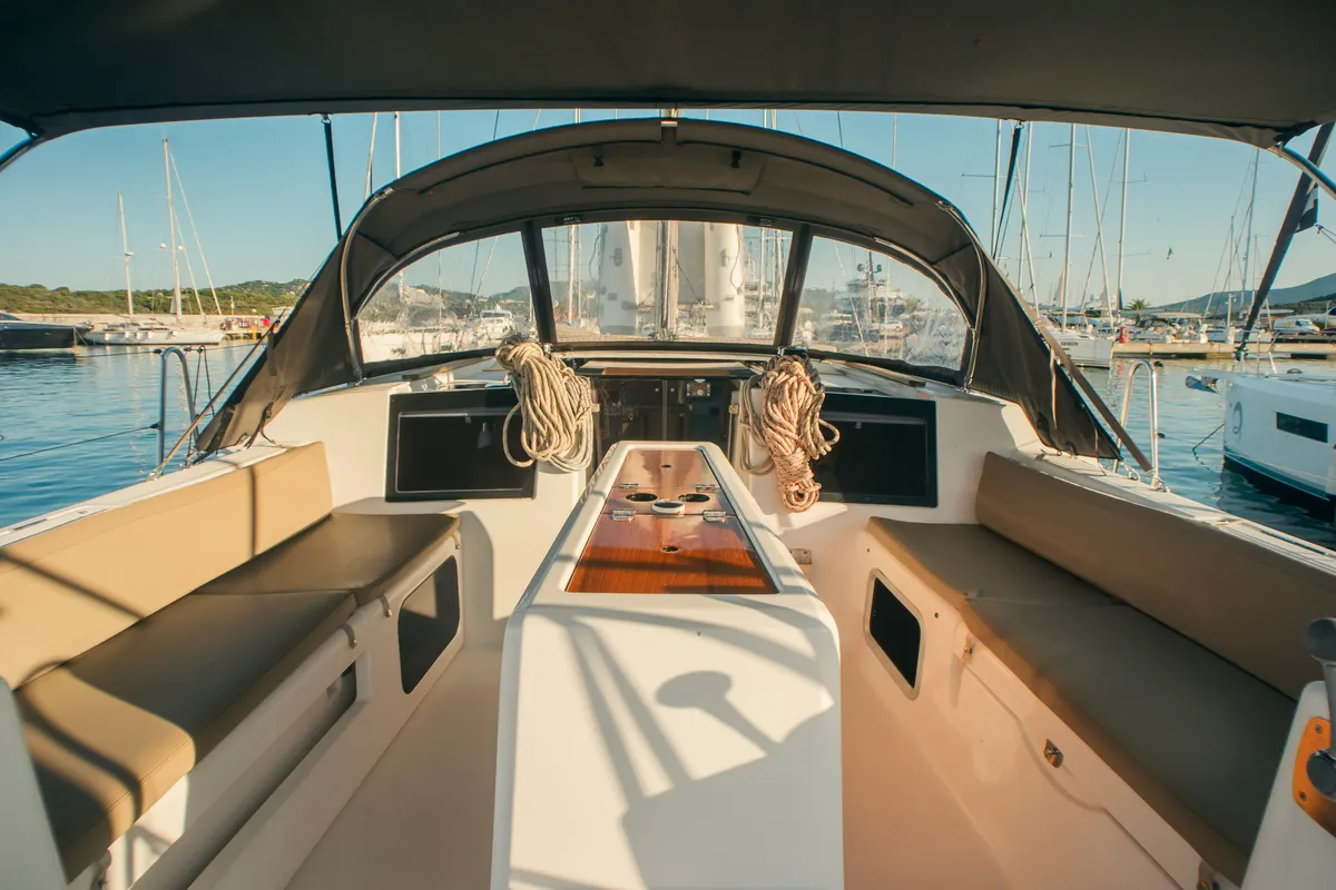 Cockpit of Sonia, a Dufour 460 Grand Large sailboat at Olbia, Italy