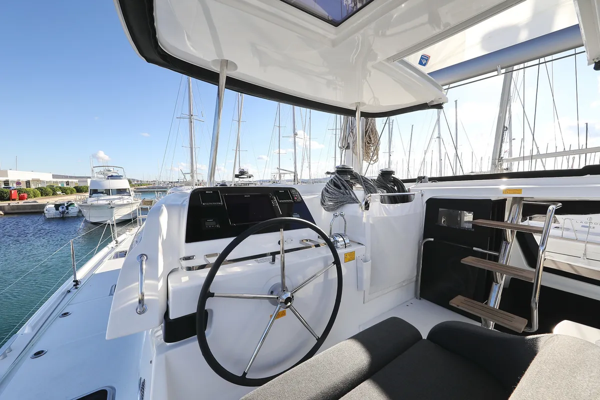 Cockpit of REA, a Lagoon 42 catamaran at Općina Sukošan, Croatia