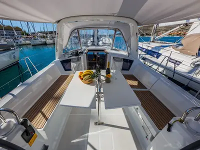 Cockpit of Obsession, a Beneteau Oceanis 38.1 sailboat at Dubrovnik, Croatia