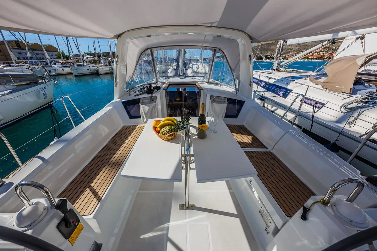 Cockpit of Obsession, a Beneteau Oceanis 38.1 sailboat at Dubrovnik, Croatia