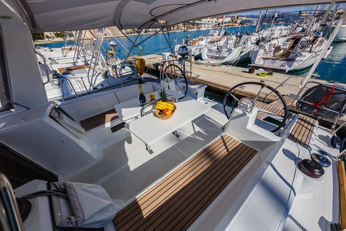 Cockpit of Obsession, a Beneteau Oceanis 38.1 sailboat at Dubrovnik, Croatia