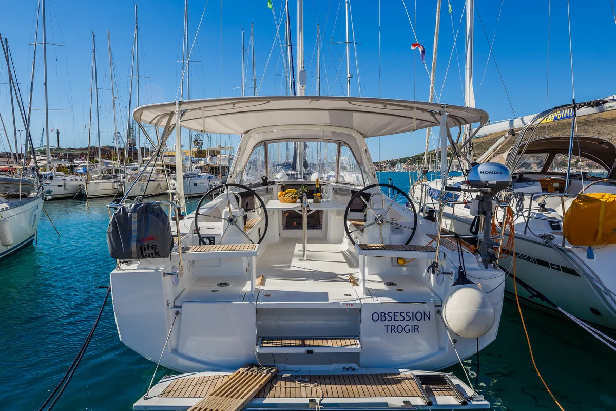 Exterior view of Obsession, a Beneteau Oceanis 38.1 sailboat at Dubrovnik, Croatia