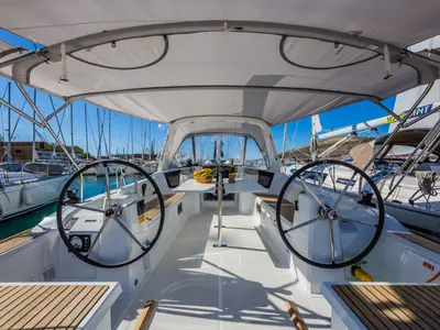 Cockpit of Obsession, a Beneteau Oceanis 38.1 sailboat at Dubrovnik, Croatia