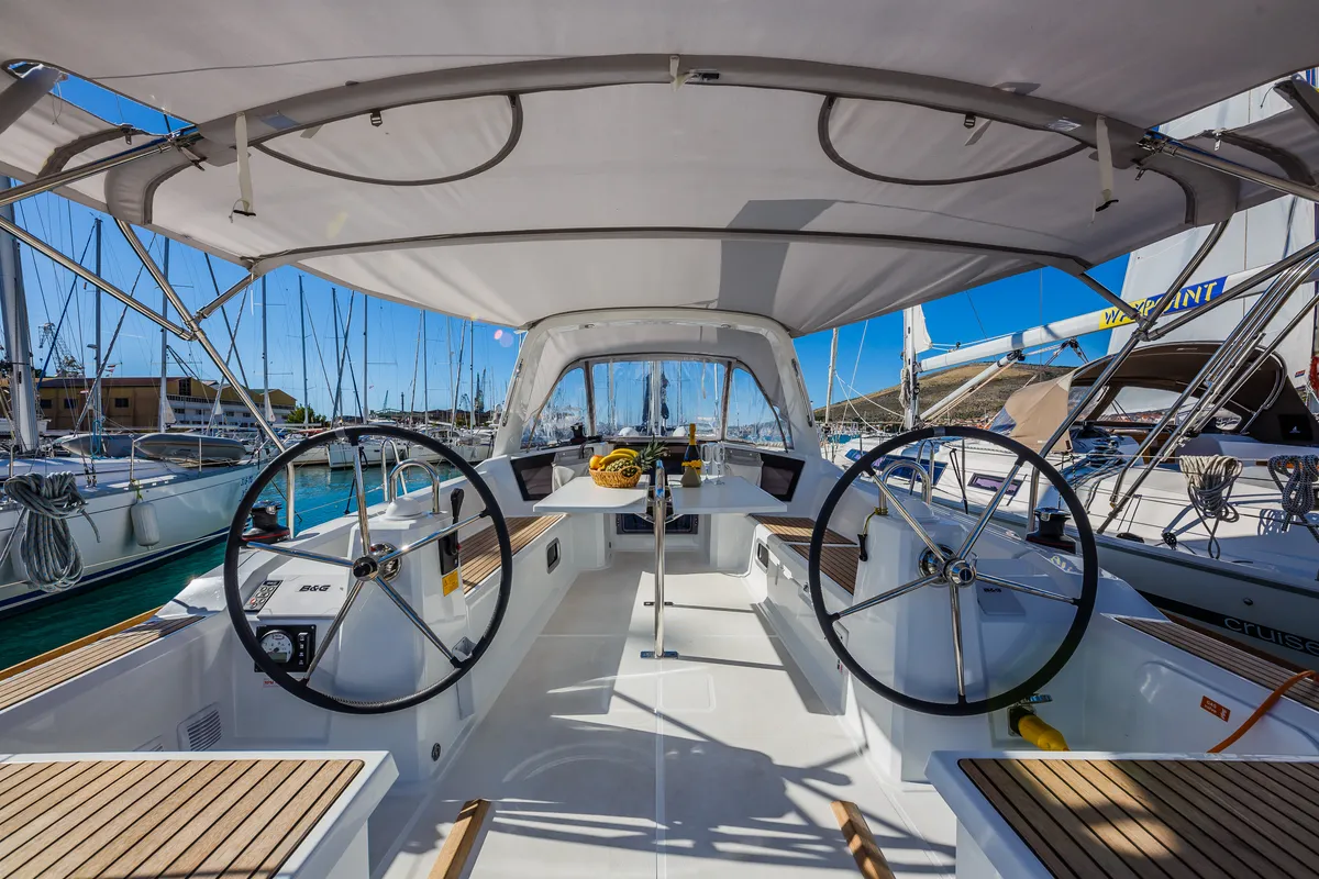 Cockpit of Obsession, a Beneteau Oceanis 38.1 sailboat at Dubrovnik, Croatia